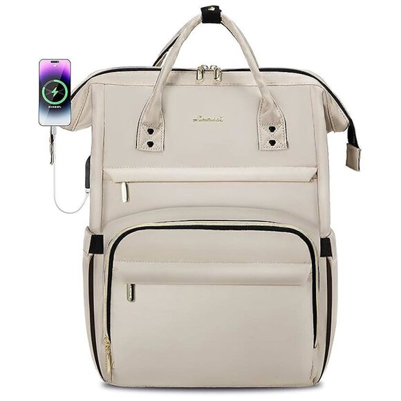Handbags - Laptop Backpack for Women Teacher Backpack Nurse Bag, Off-white-3-proof Fabric